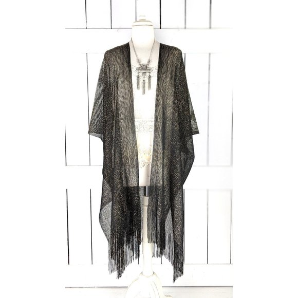 Black gold metallic mesh kimono cover up fringe jacket READY TO SHIP - Picture 3 of 5